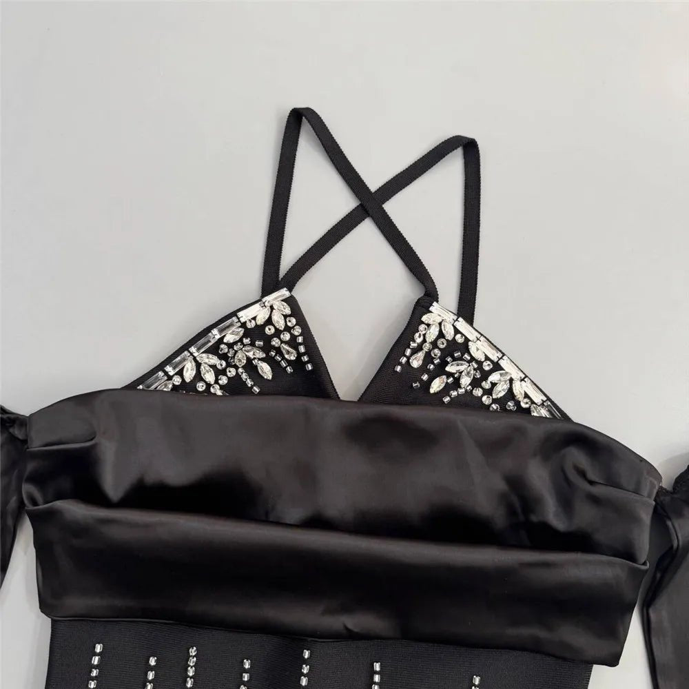 Merlin bandage maxi gown adorned with diamond. - Lu Di Lusso