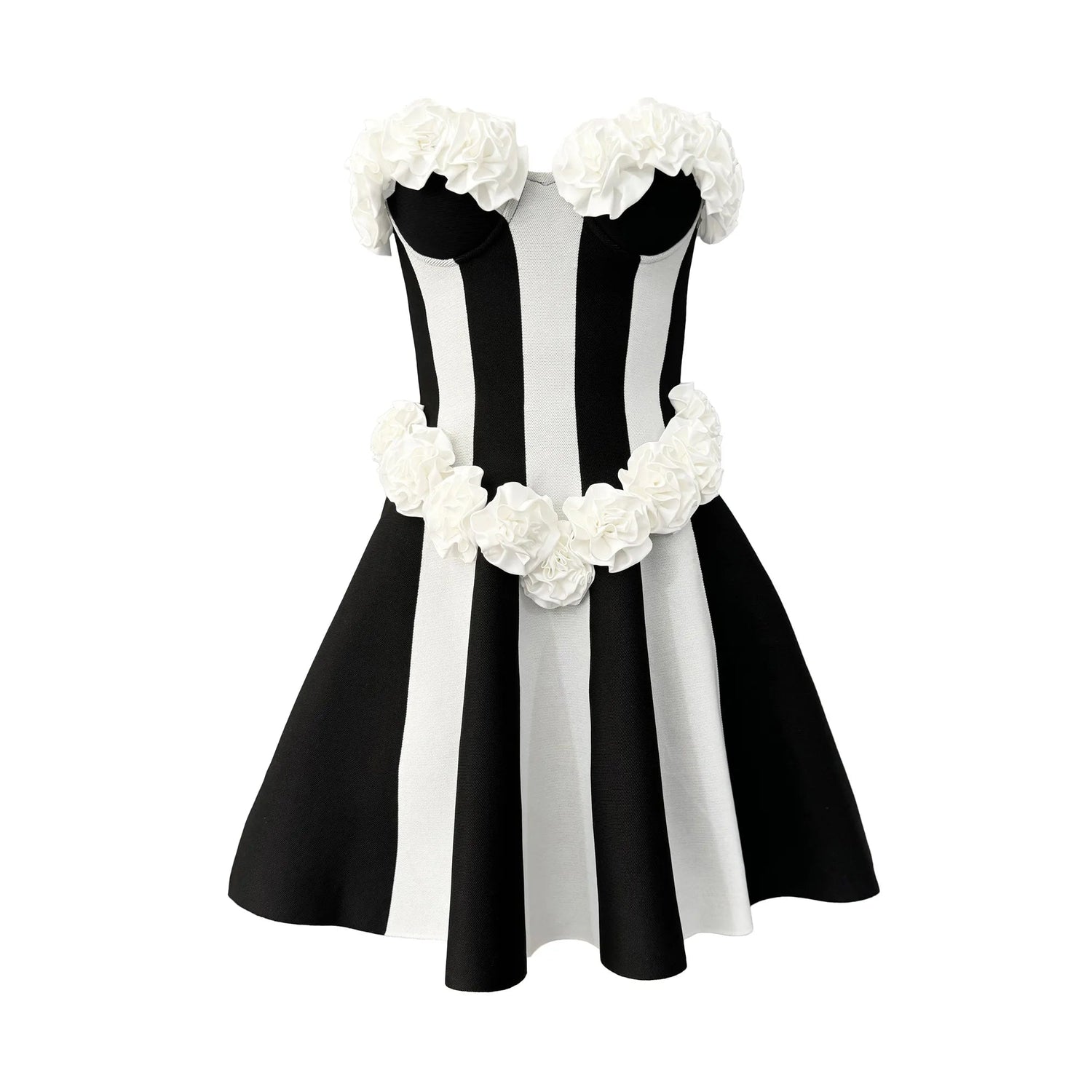 Monirosa - A Luxury strapless striped bandage mini dress with elegant white roses. - Lu Di Lusso