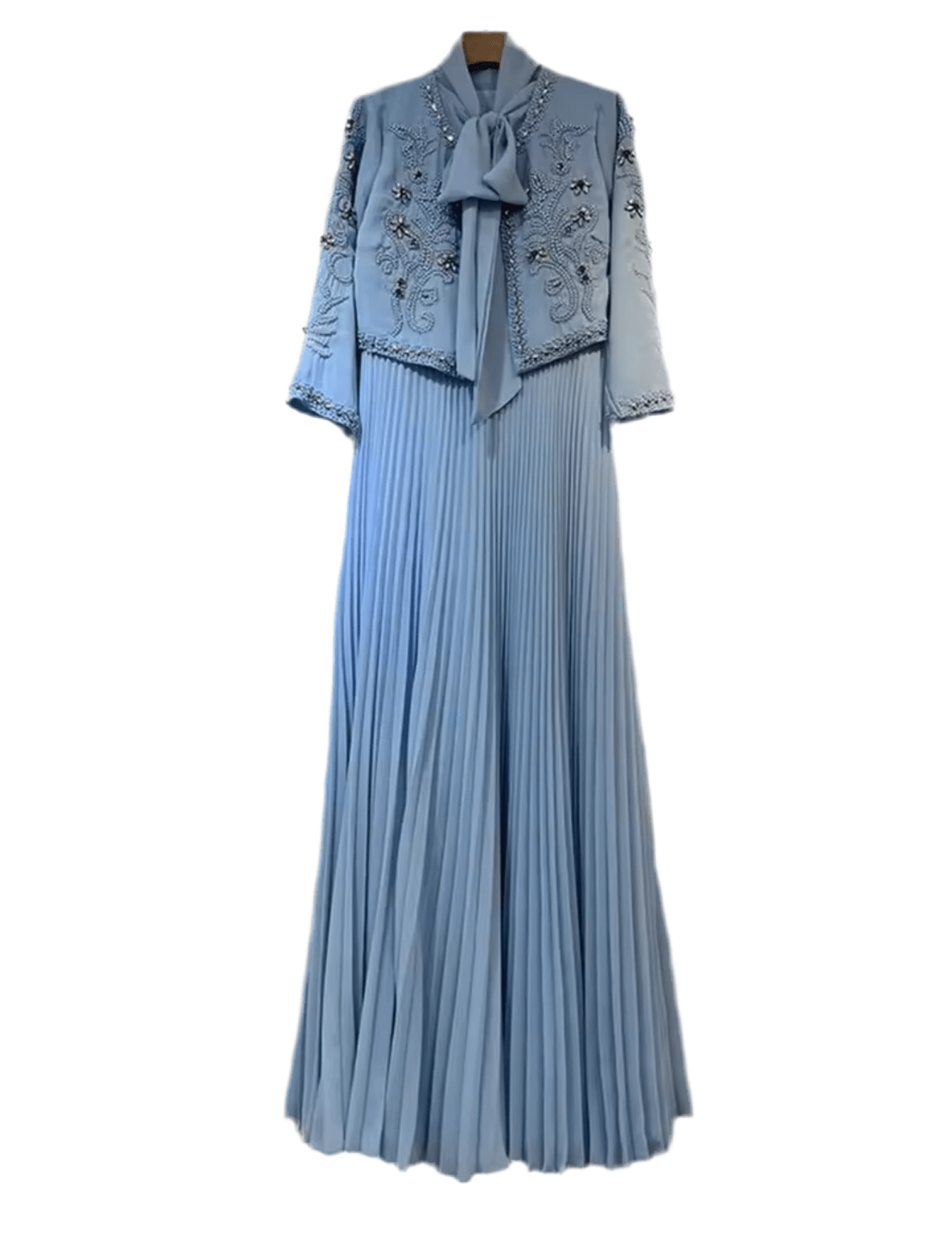 Naurelle featuring a detailed embellished jacket and a pleated maxi dress - Lu Di Lusso