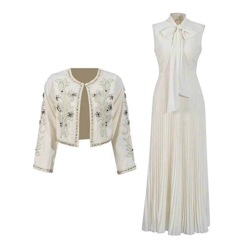 white maxi dress with jacket Naurelle Embellished Jacket & Pleated Maxi Dress Set