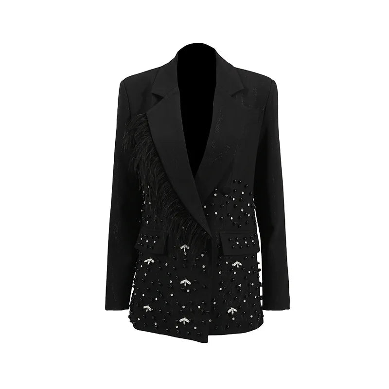 Noira elegant jacket with feather and diamond details. - Lu Di Lusso