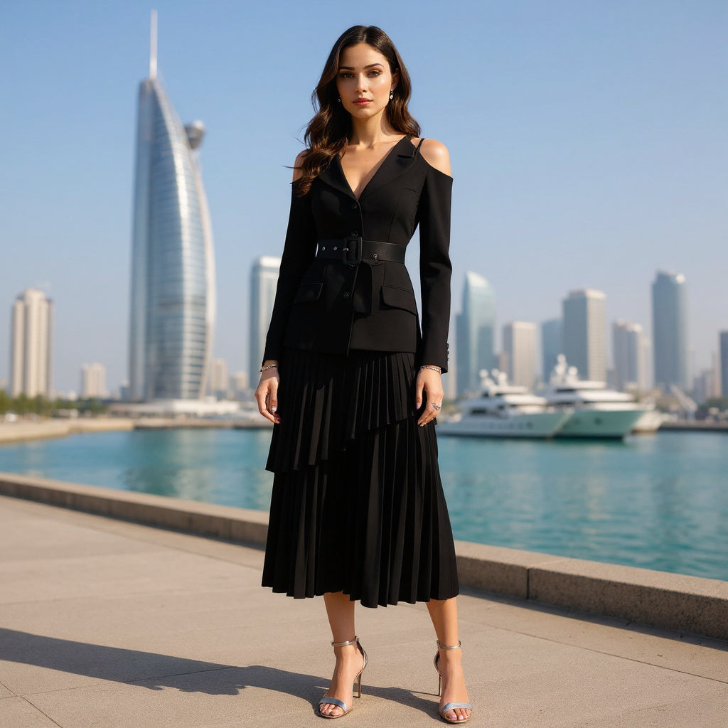 Elan two-piece set featuring a cold shoulder blazer with belt and pleated skirt