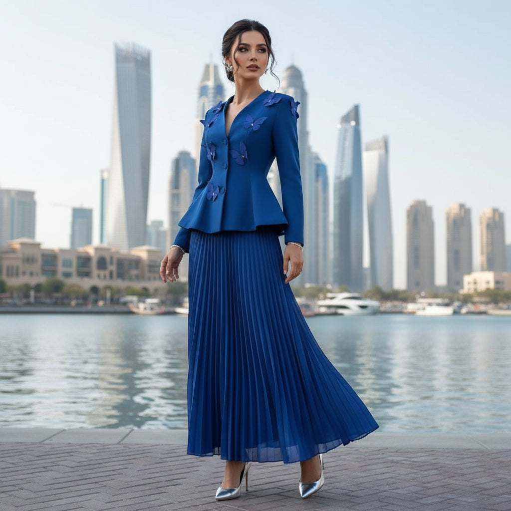 Mariphelle Set features a butterfly-detailed patchwork blazer with  skirt