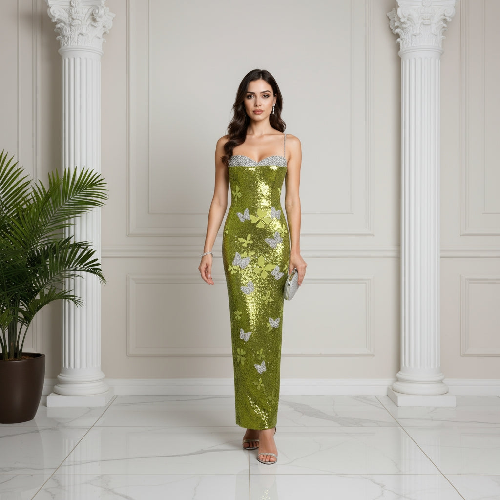 Lustra - A sleeveless sparkly dress with delicate butterflies.