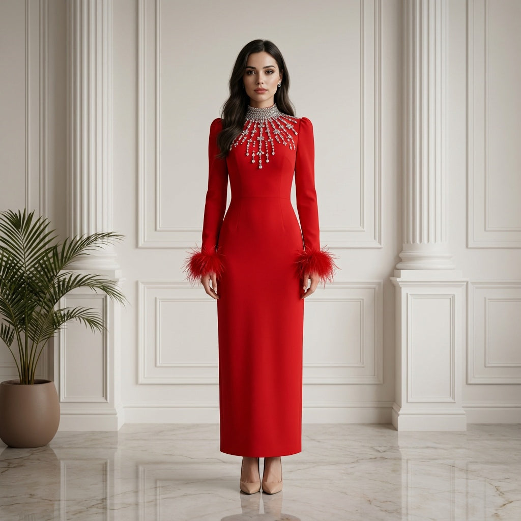 Rosy Crystal Bandage Evening Dress