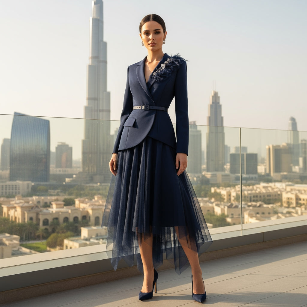 Navyra   Elegant blazer and skirt set.