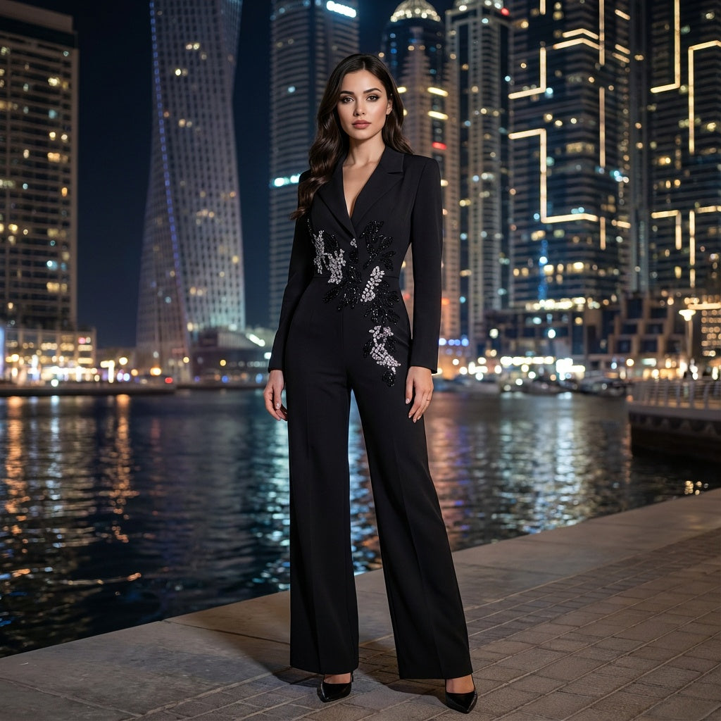 Monel  Elegant Black Diamond Jumpsuit