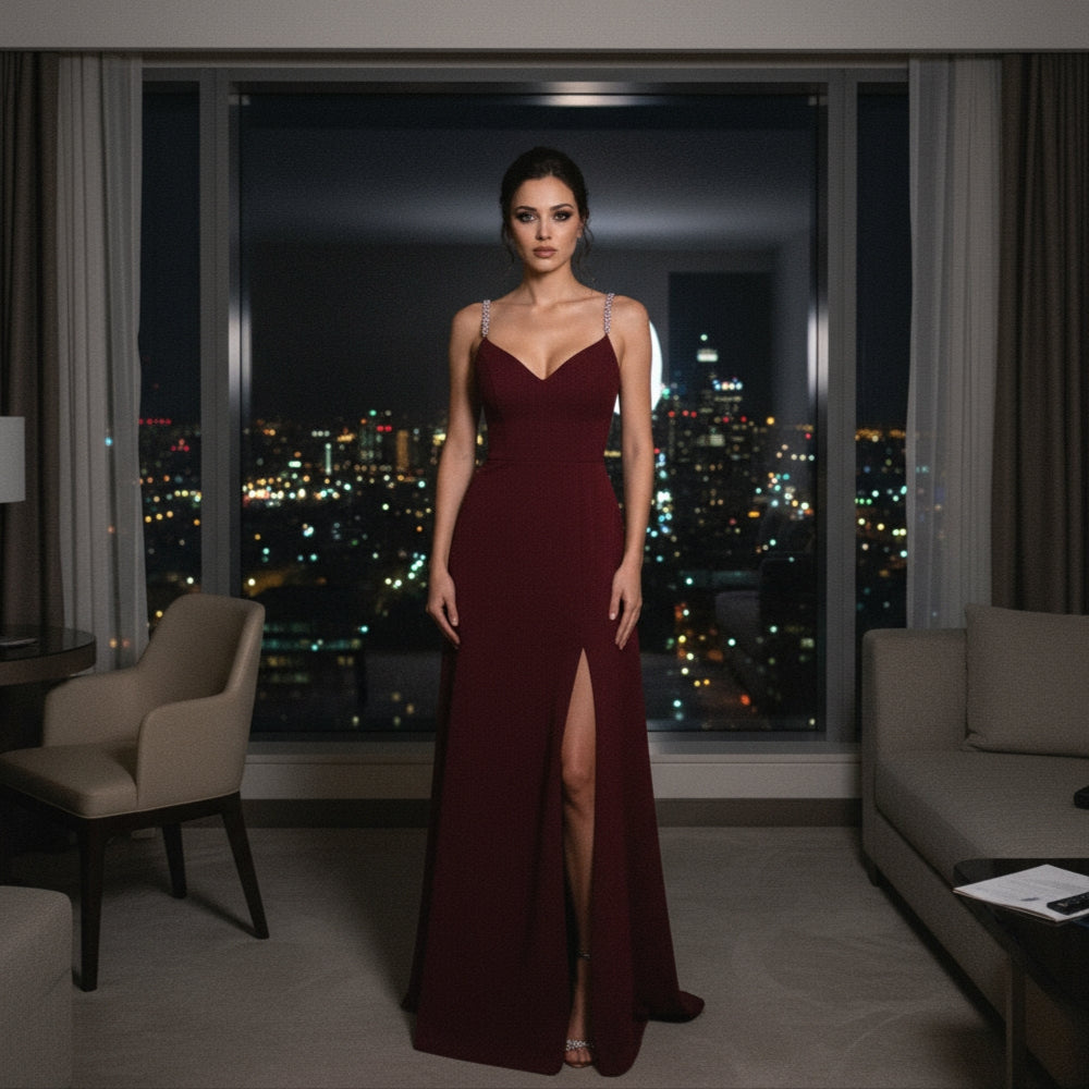 Woman in a burgundy evening gown standing in a room with a cityscape view.