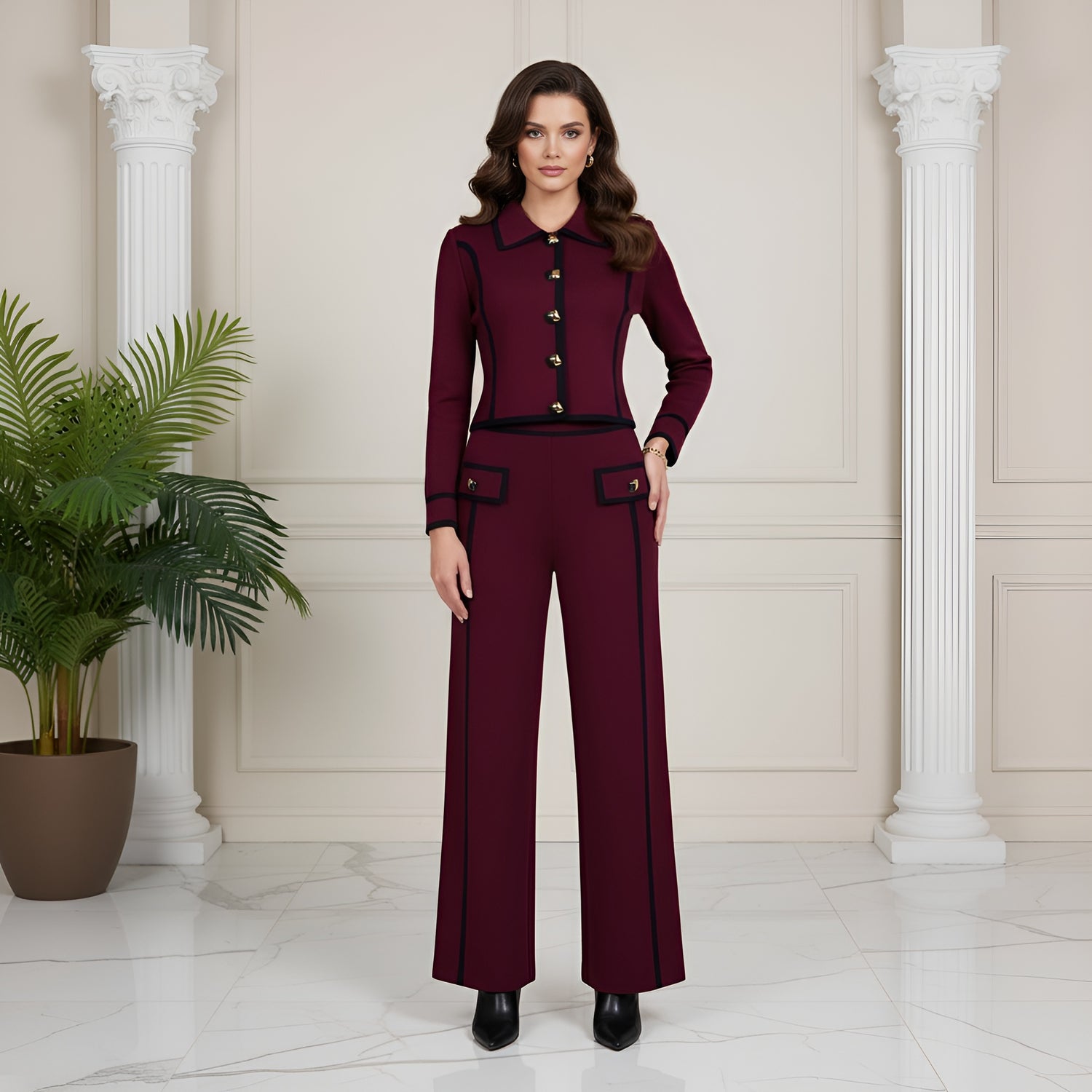 Marvière   Knitted Patchwork Cardigan & Straight Pants Set