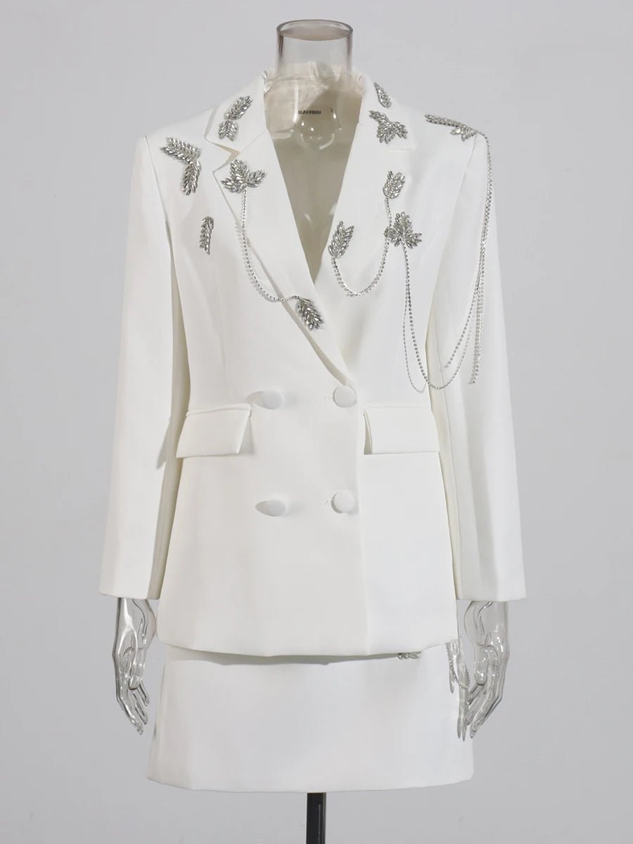 Papillia - Elegant skirt and Blazer set featuring a sparkling crystal Butterfly. - Lu Di Lusso