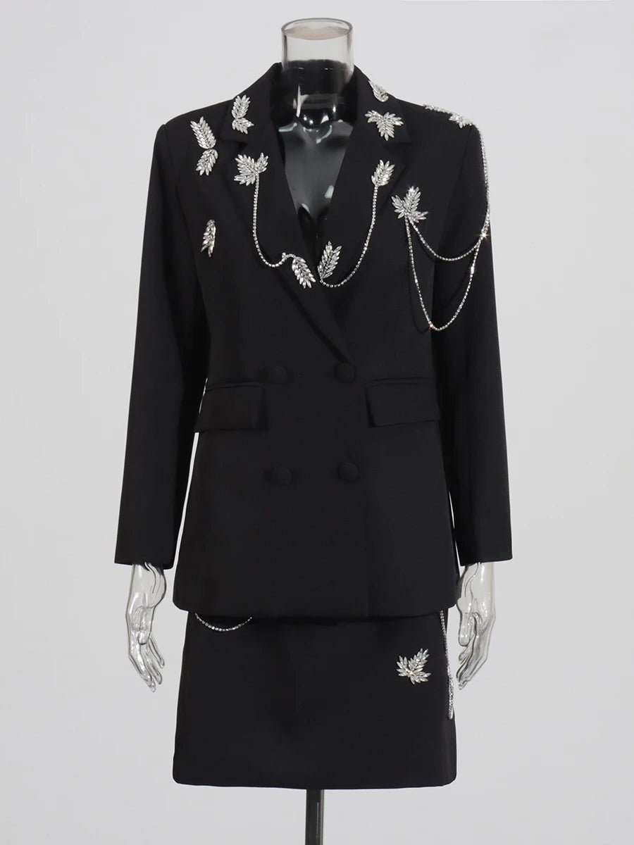 Papillia - Elegant skirt and Blazer set featuring a sparkling crystal Butterfly. - Lu Di Lusso