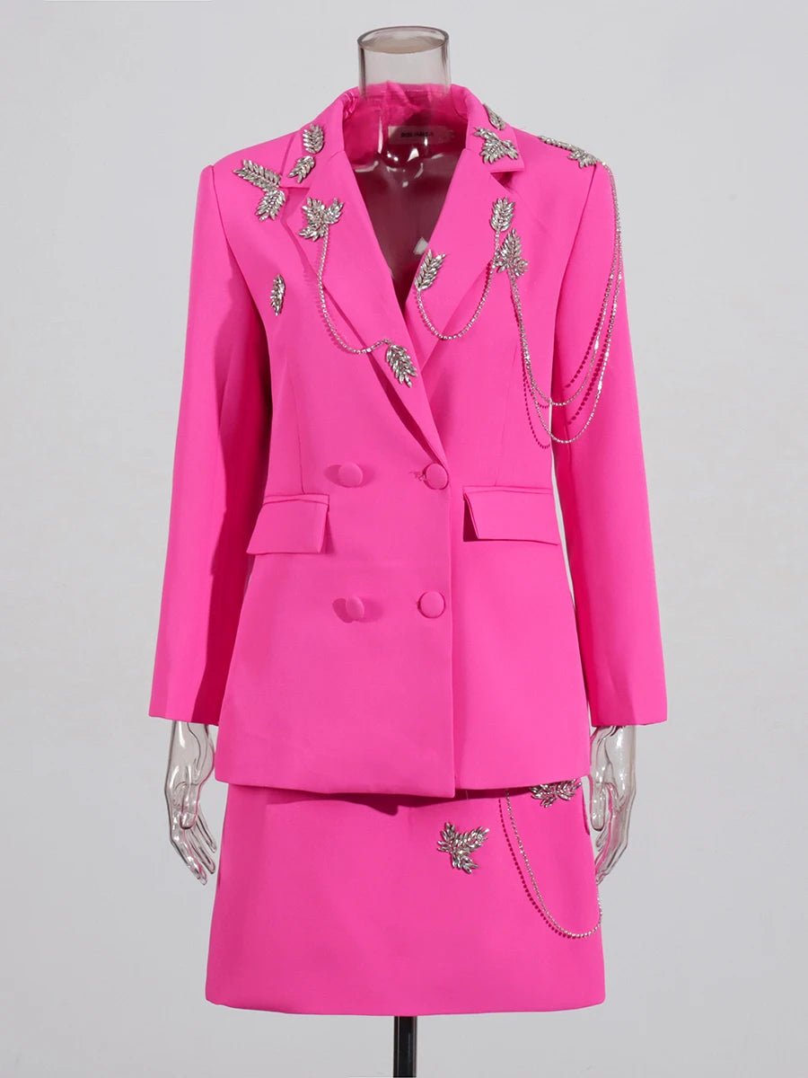 Papillia - Elegant skirt and Blazer set featuring a sparkling crystal Butterfly. - Lu Di Lusso