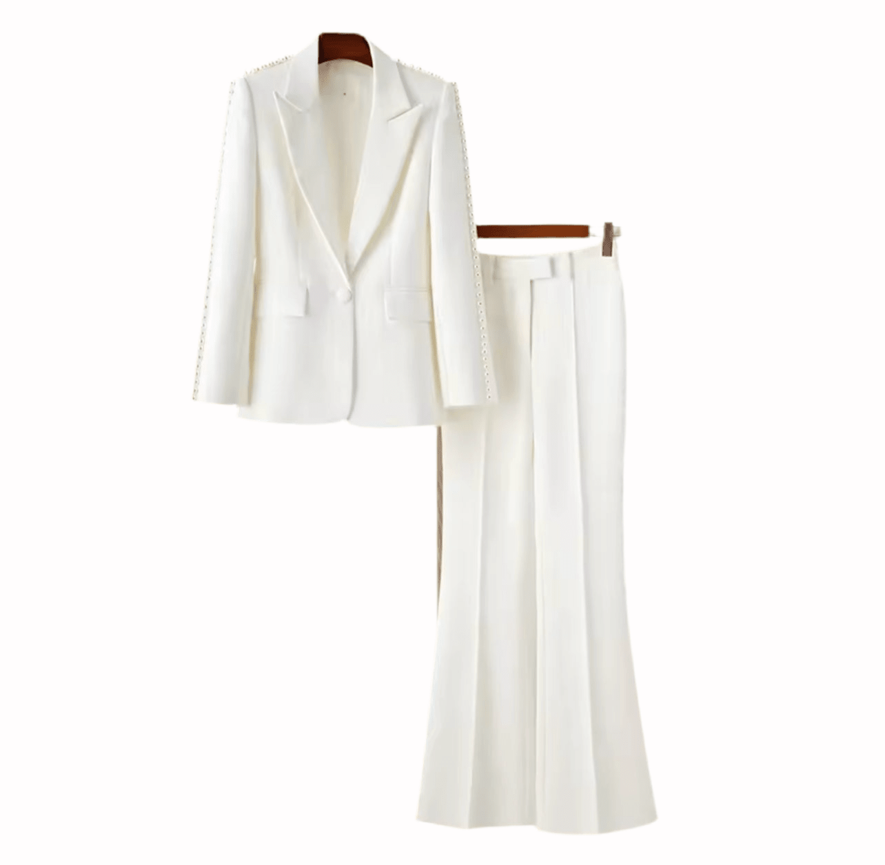 Perliva blazer and pants set with delicate pearl details. - Lu Di Lusso