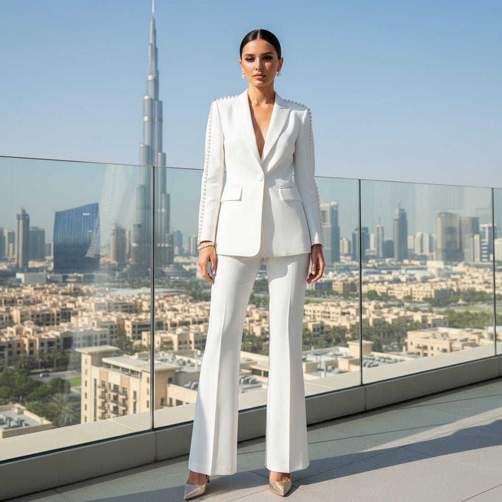 Perliva blazer and pants set with delicate pearl details. - Lu Di Lusso