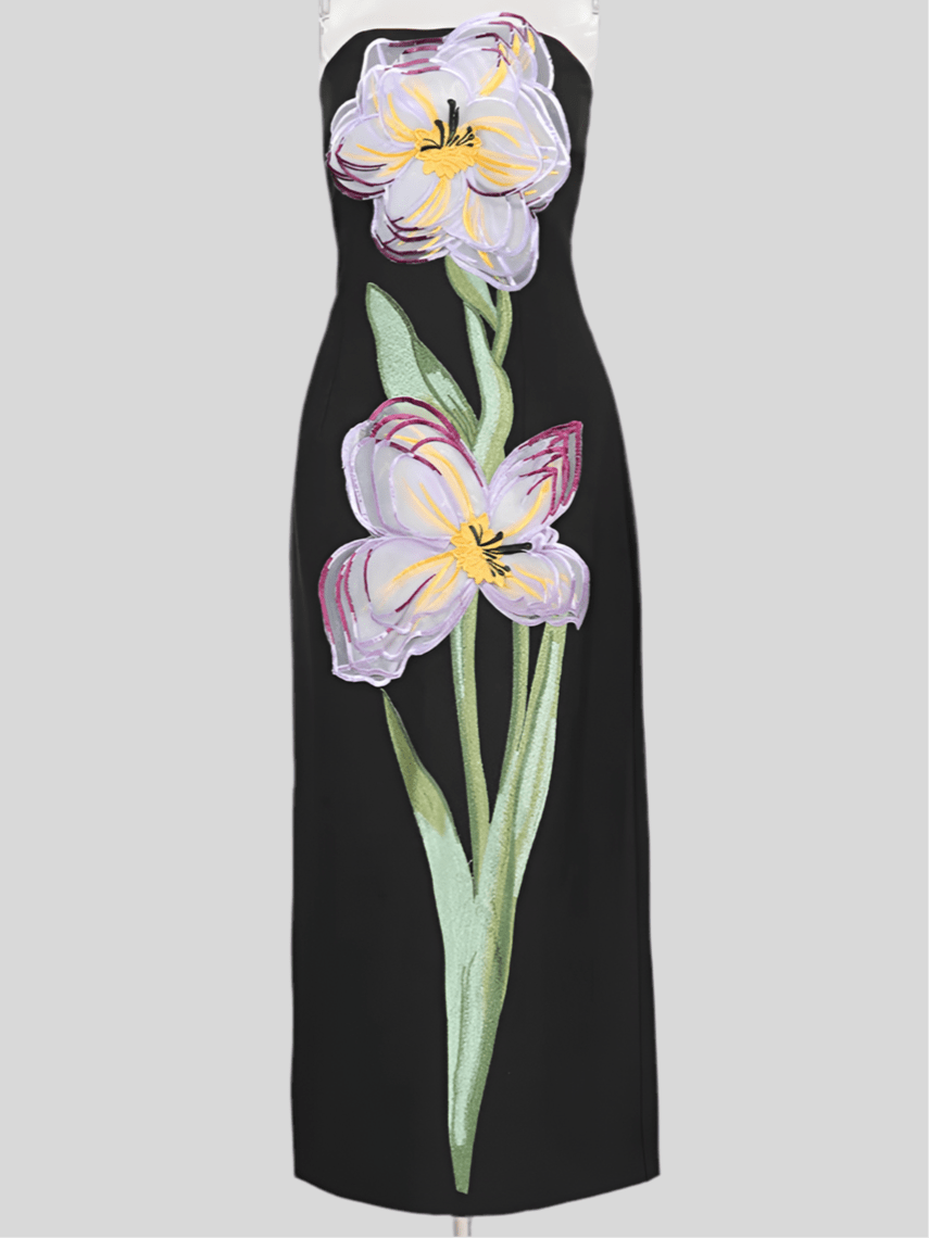 Rosa maxi dress with 3D floral details - Lu Di Lusso