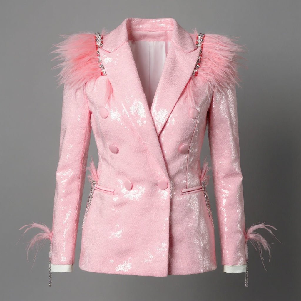 Roselle Plume - Luxury blush sequin blazer with feathered shoulders. - Lu Di Lusso