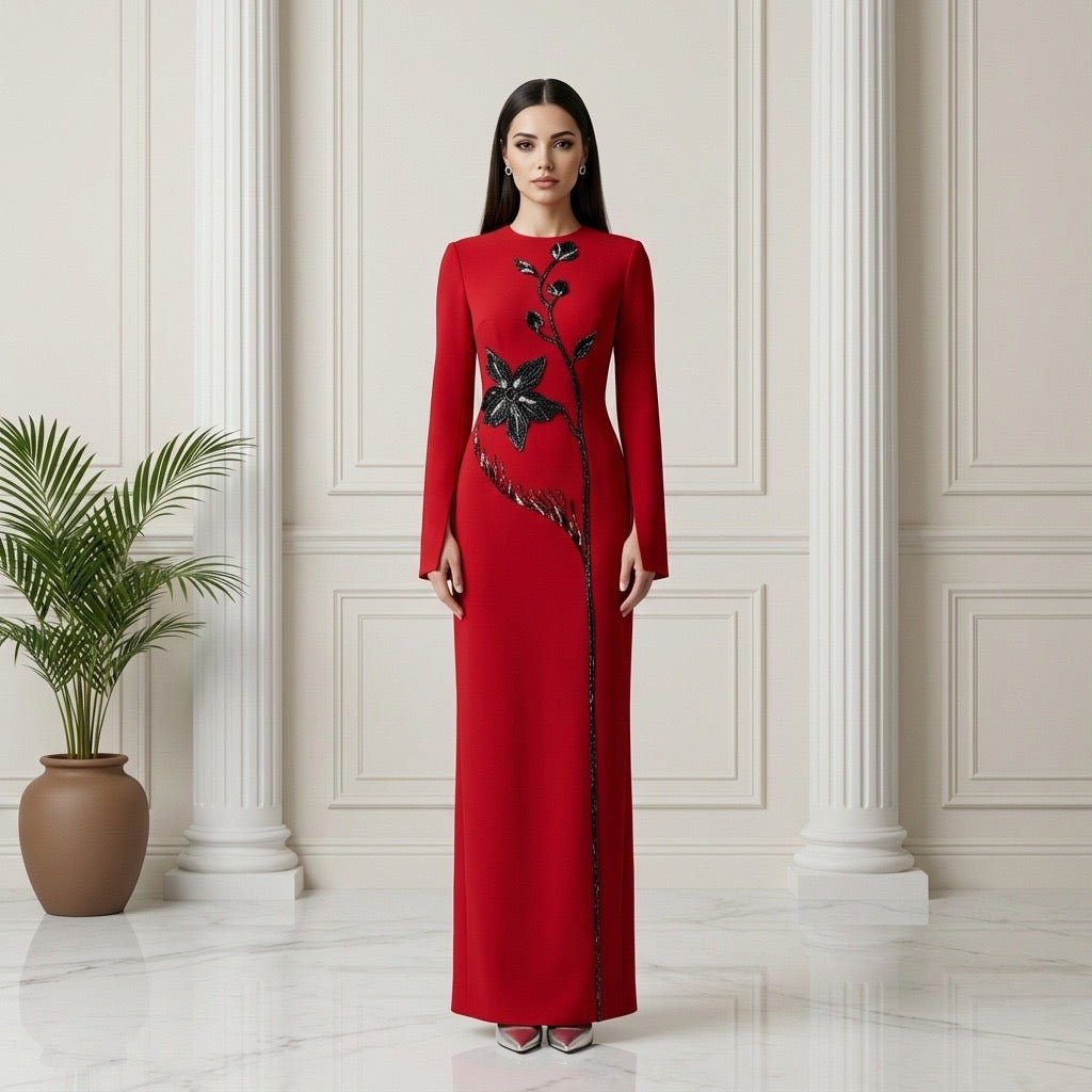 RUBYN Embroidered Evening Dress – Elegant Long Sleeve Gown - Lu Di Lusso