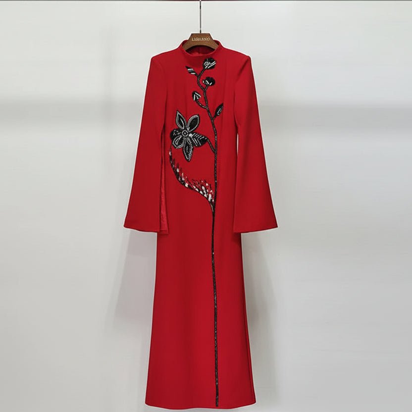 RUBYN Embroidered Evening Dress – Elegant Long Sleeve Gown - Lu Di Lusso