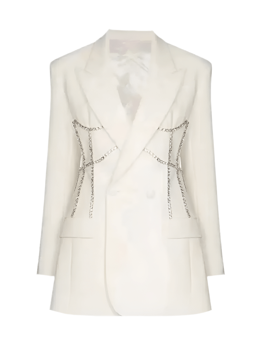Silvarra A bold white blazer with silver chains. - Lu Di Lusso