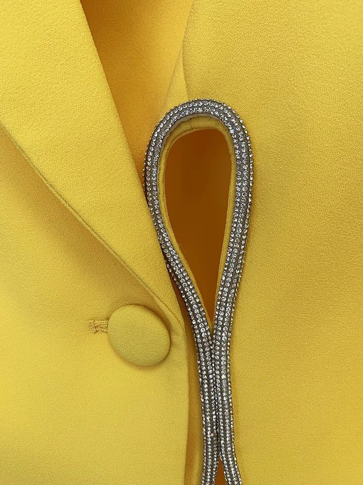 Solar Muse - Chic mustard yellow blazer and pants set with Crystal details. - Lu Di Lusso