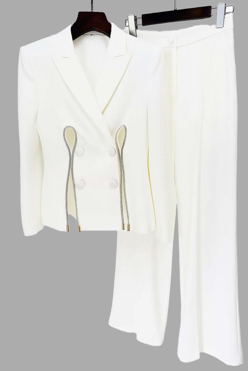 Solar Muse - Chic mustard yellow blazer and pants set with Crystal details. - Lu Di Lusso