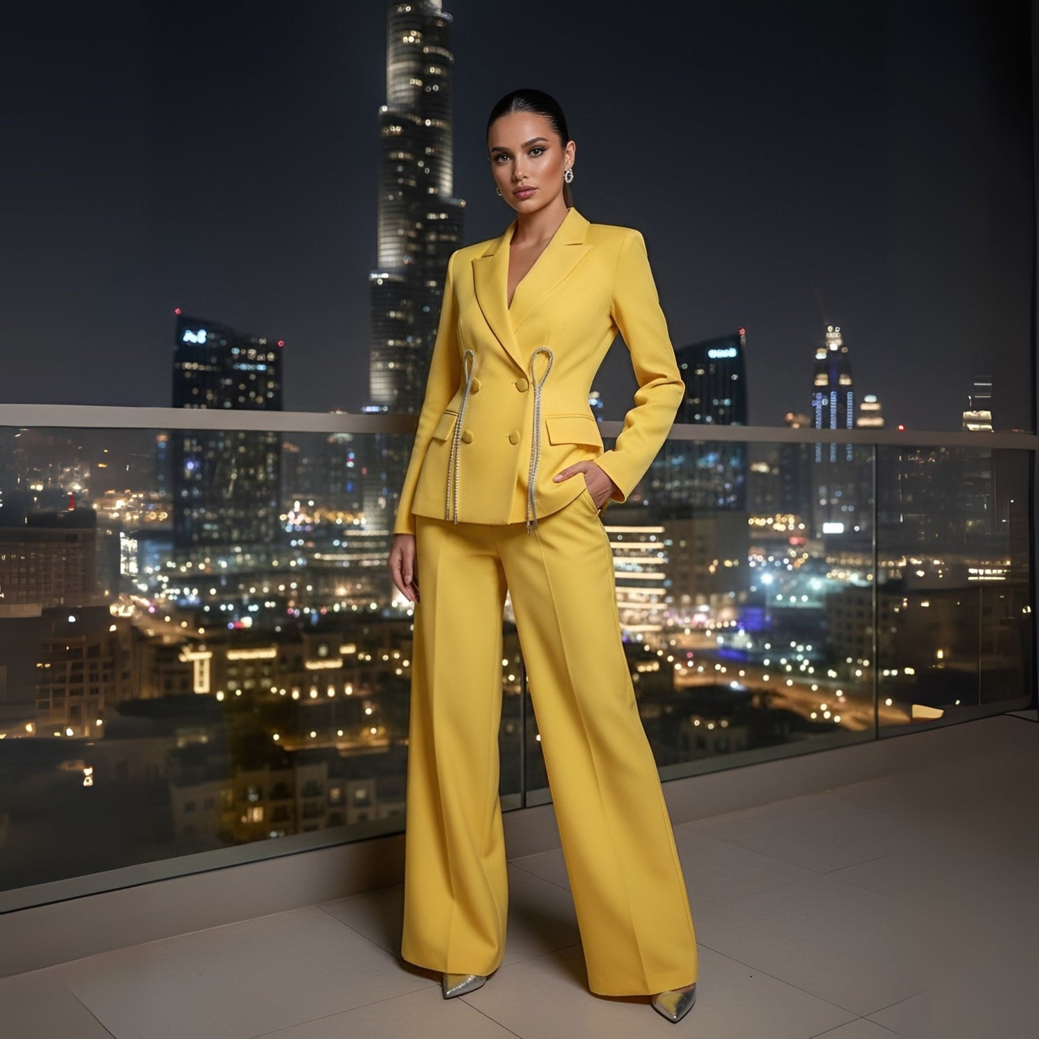 Solar Muse - Chic mustard yellow blazer and pants set with Crystal details. - Lu Di Lusso
