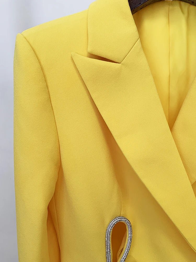 Solar Muse - Chic mustard yellow blazer and pants set with Crystal details. - Lu Di Lusso