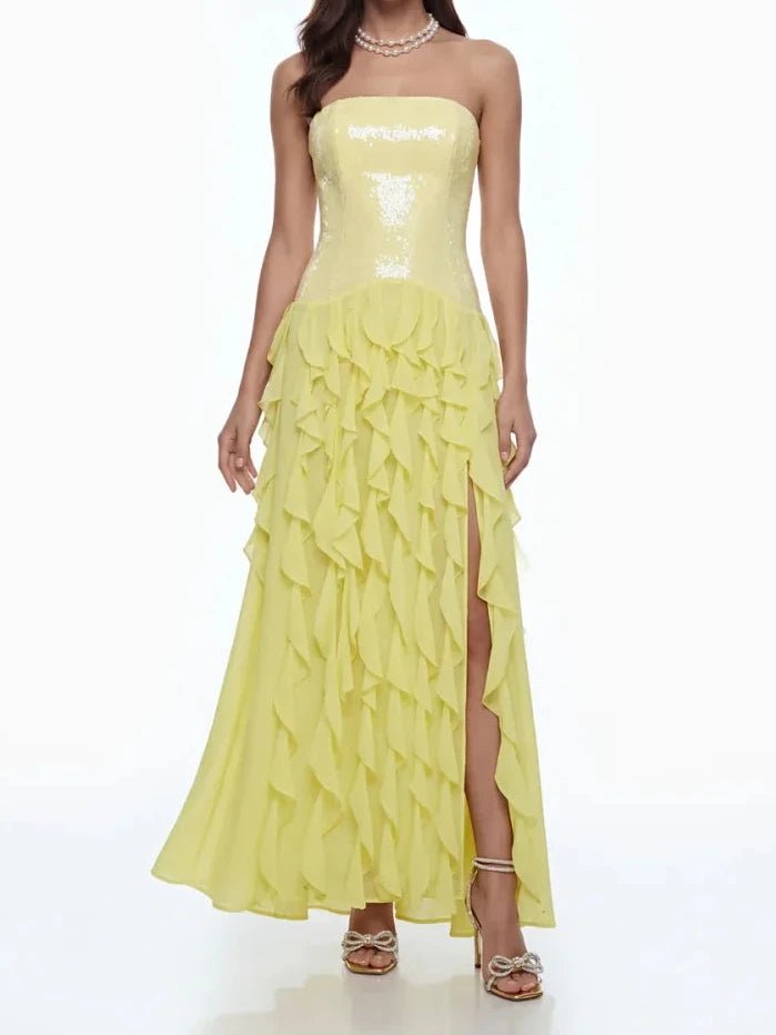 SOLEVA Yellow Sequin Dress - Lu Di Lusso