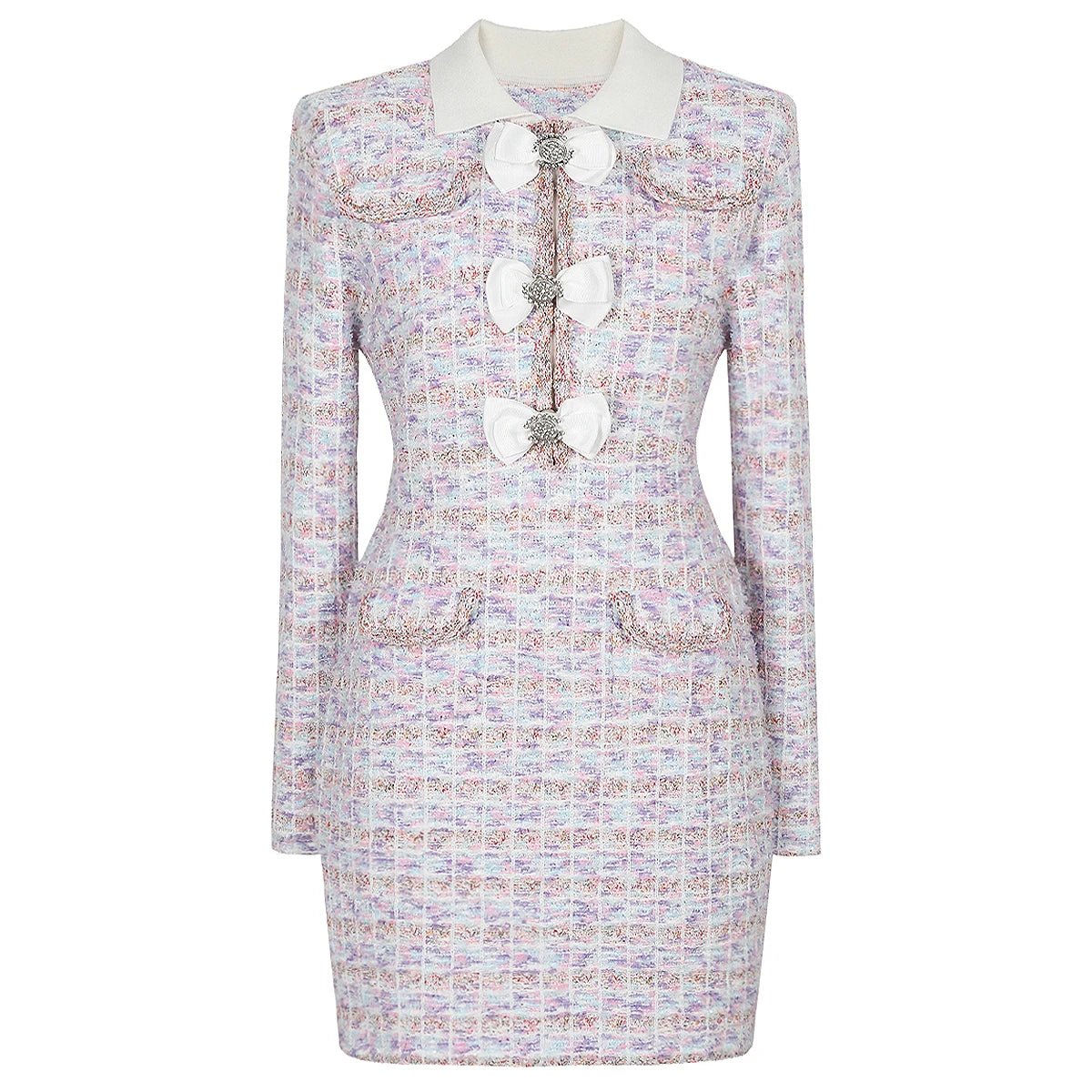 Velissane Knitted Bow & Diamond Button Mini Dress - Lu Di Lusso